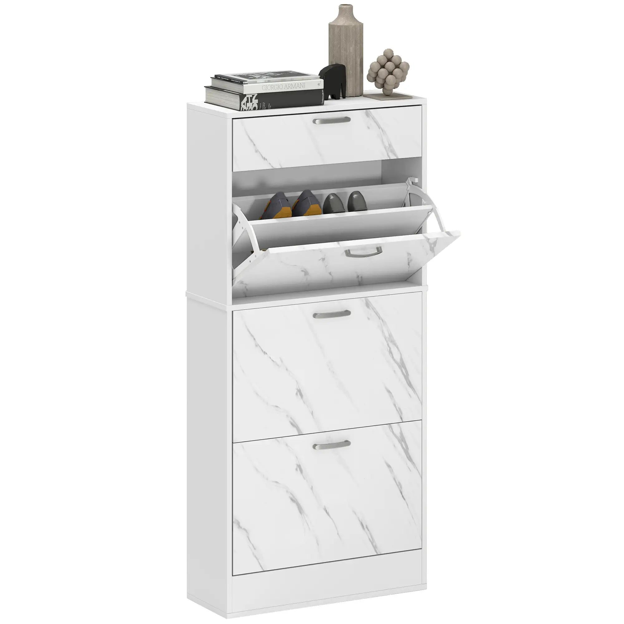 3 Flip Drawer Shoe Cabinet, Marble-Effect Narrow, White Shoe Storage Cabinets & Racks at Gallery Canada