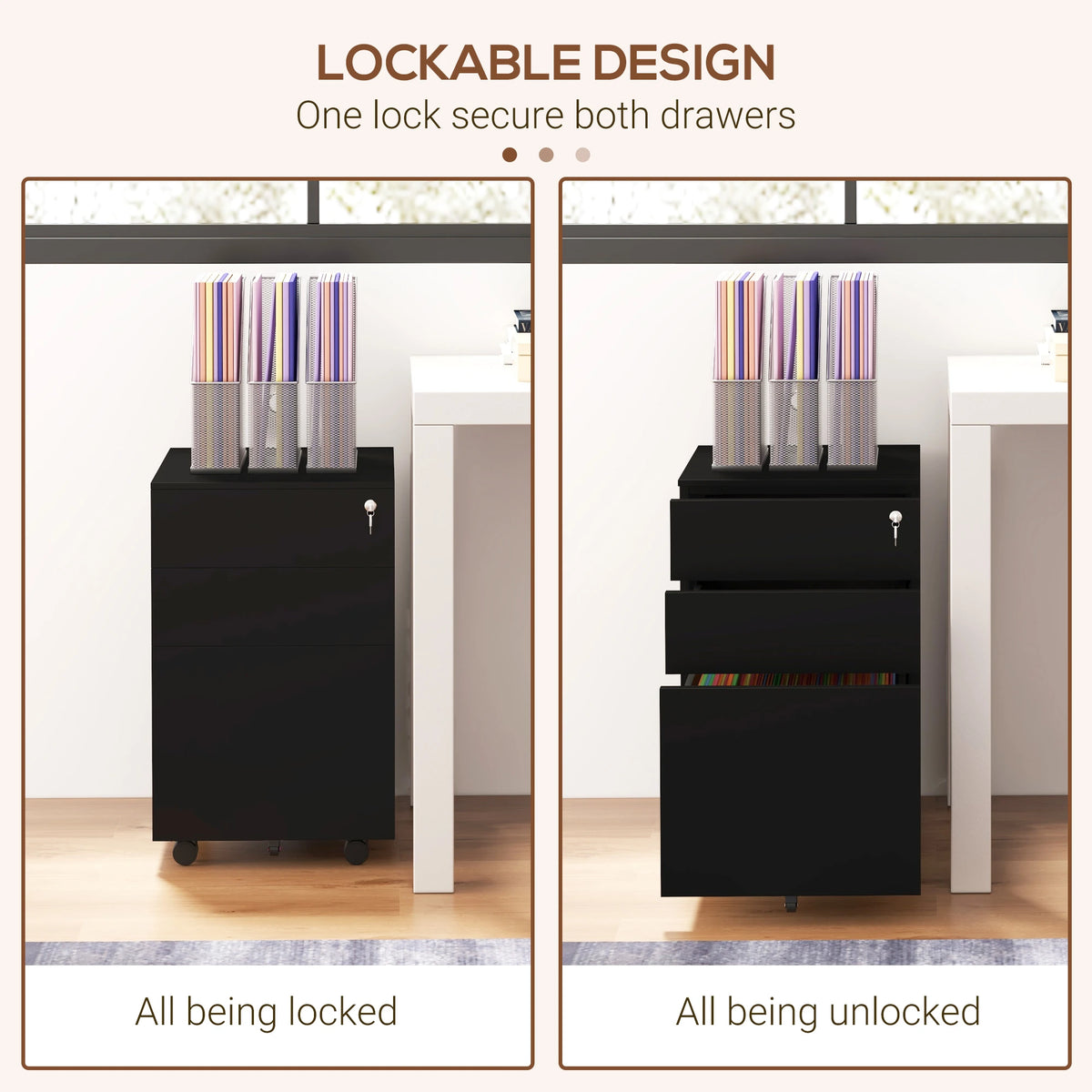 3-Drawer Steel Filing Cabinet on Wheels, Lockable, Adjustable Hanging Bar, Black Office Cabinets & Cupboards at Gallery Canada
