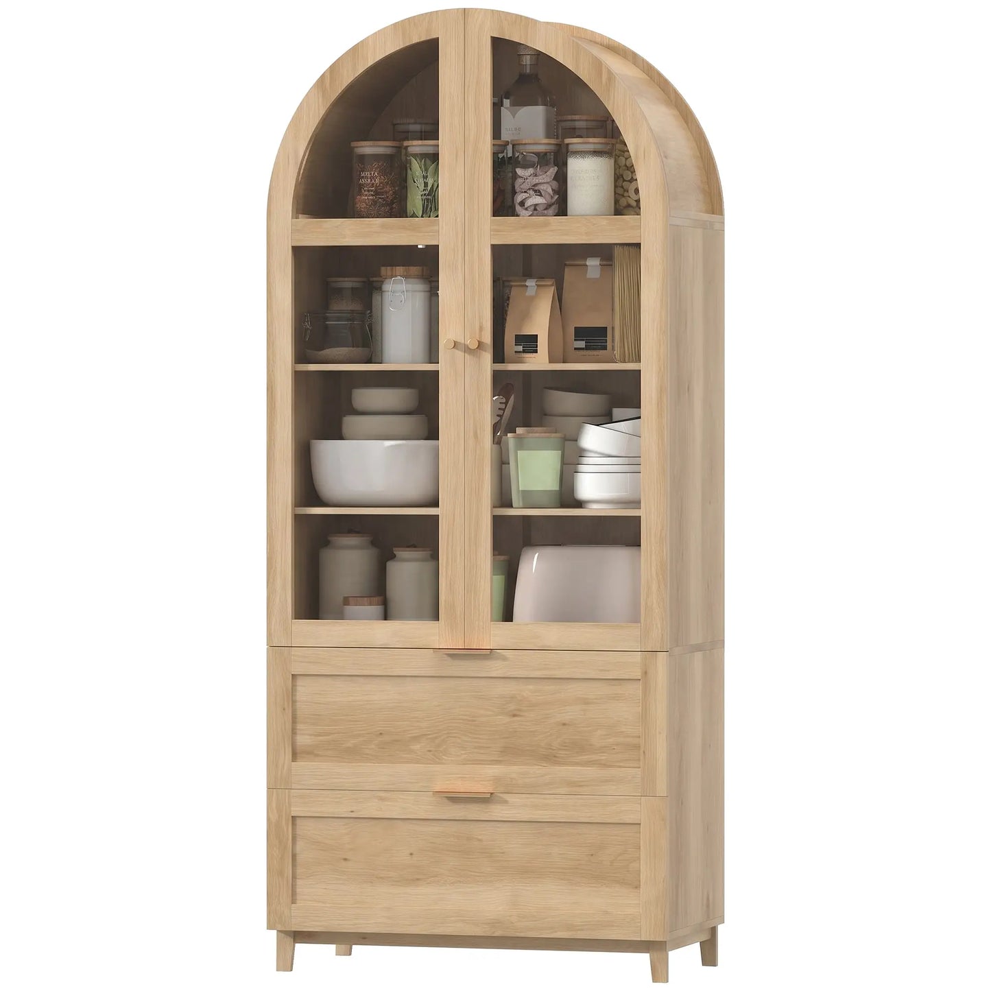 Arched Pantry Cabinet 71" Tall Oak, 2 Drawers, Oak Kitchen Pantry Cabinets Oak Wood Grain at Gallery Canada