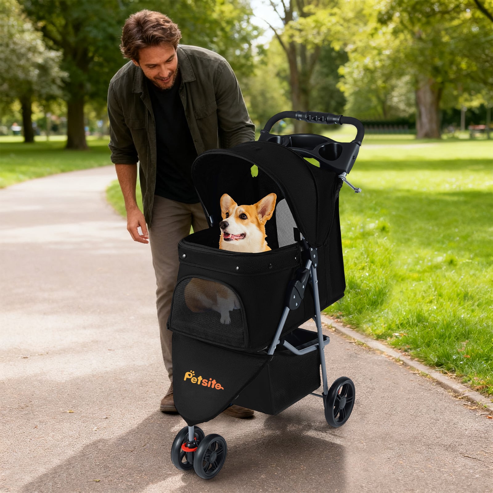 Folding Pet Stroller, Adjustable Canopy, Black Dog Supplies at Gallery Canada