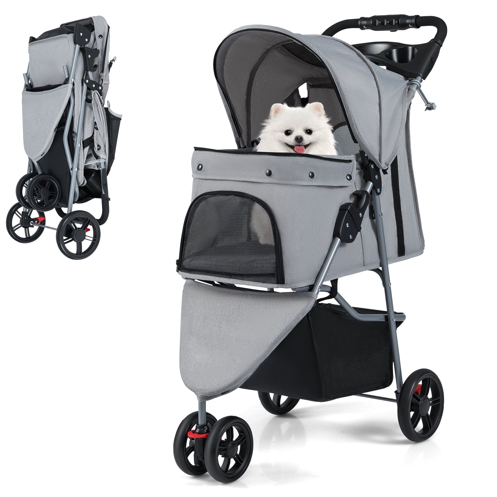 Folding Pet Stroller, Lightweight Cat Cart, Adjustable Canopy, Gray Dog Supplies at Gallery Canada