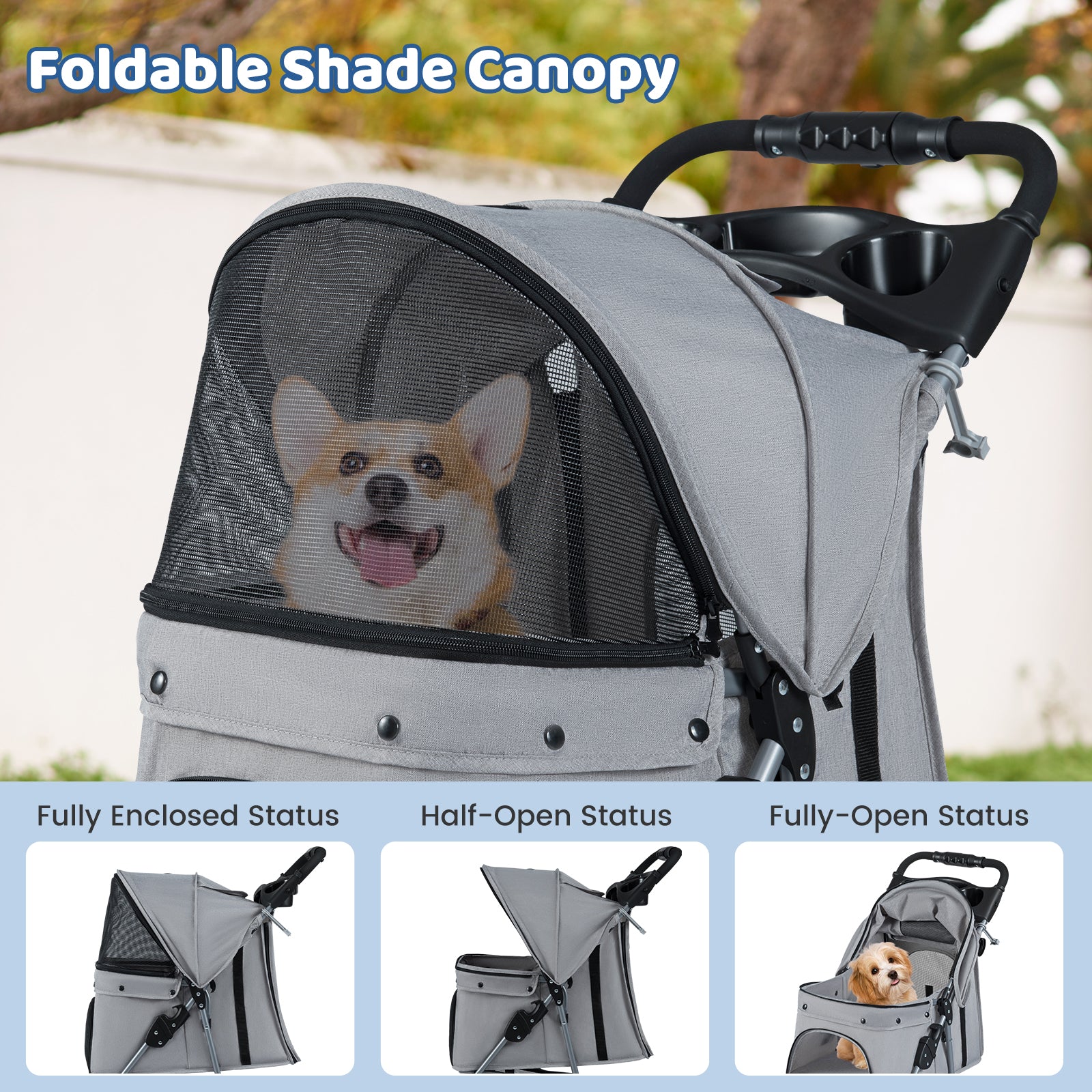 Folding Pet Stroller, Lightweight Cat Cart, Adjustable Canopy, Gray Dog Supplies at Gallery Canada