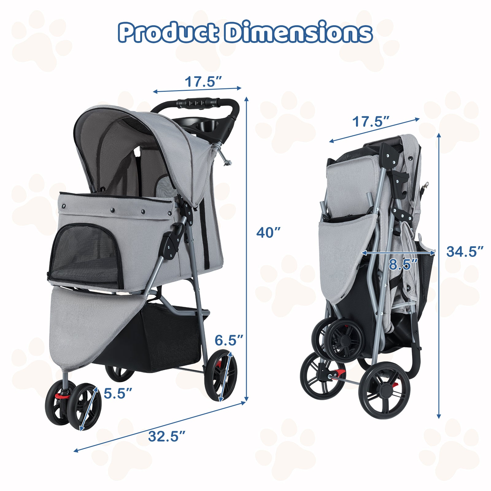 Folding Pet Stroller, Lightweight Cat Cart, Adjustable Canopy, Gray Dog Supplies at Gallery Canada