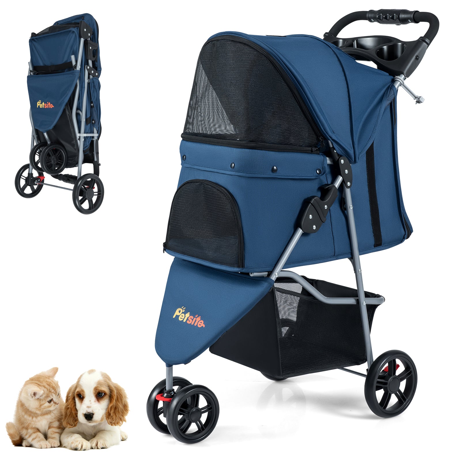 One-Click Folding Pet Stroller, Lightweight Cat Cart, Adjustable Canopy, Navy Dog Supplies at Gallery Canada