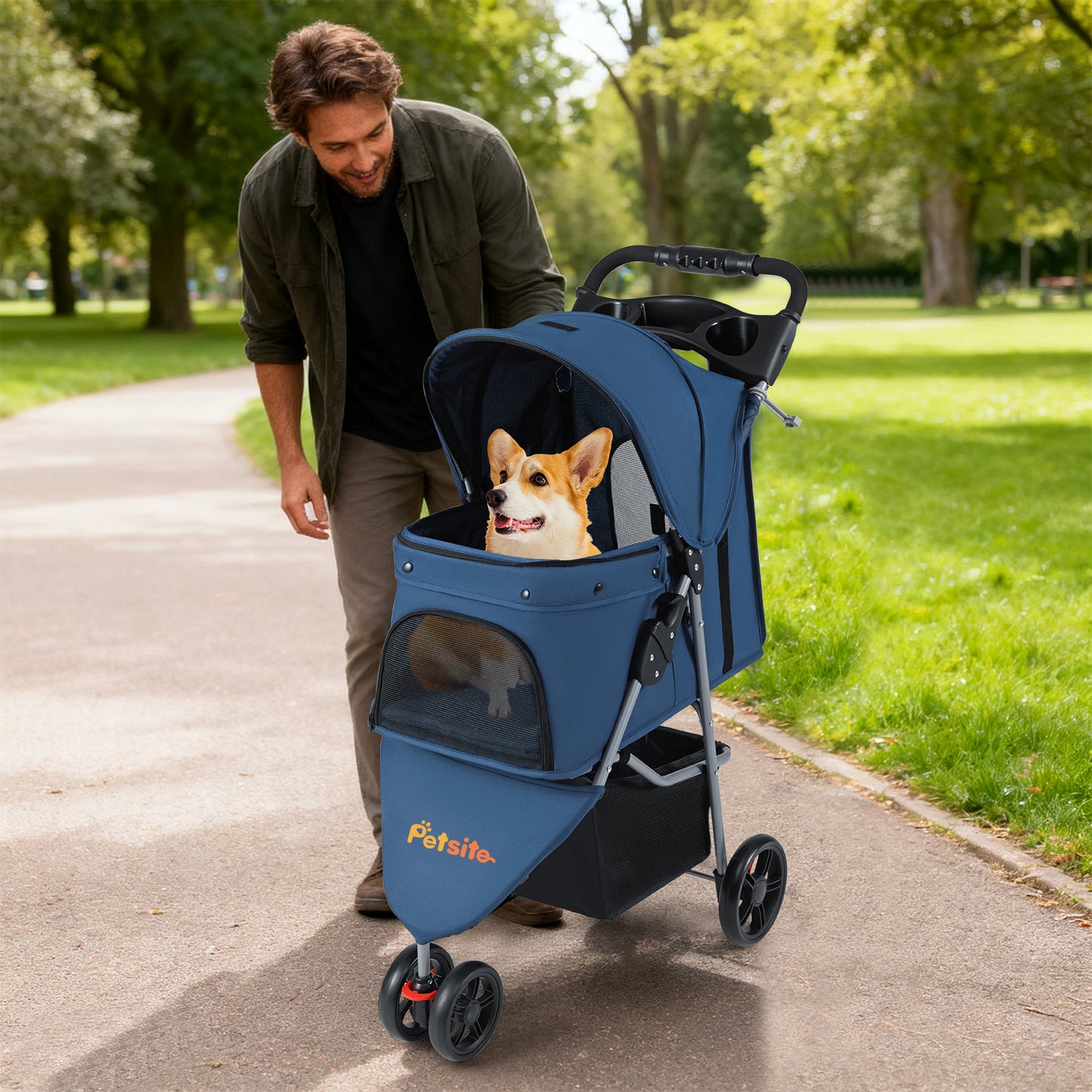 One-Click Folding Pet Stroller, Lightweight Cat Cart, Adjustable Canopy, Navy Dog Supplies at Gallery Canada