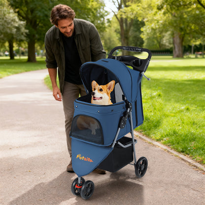 One-Click Folding Pet Stroller, Lightweight Cat Cart, Adjustable Canopy, Navy Dog Supplies at Gallery Canada