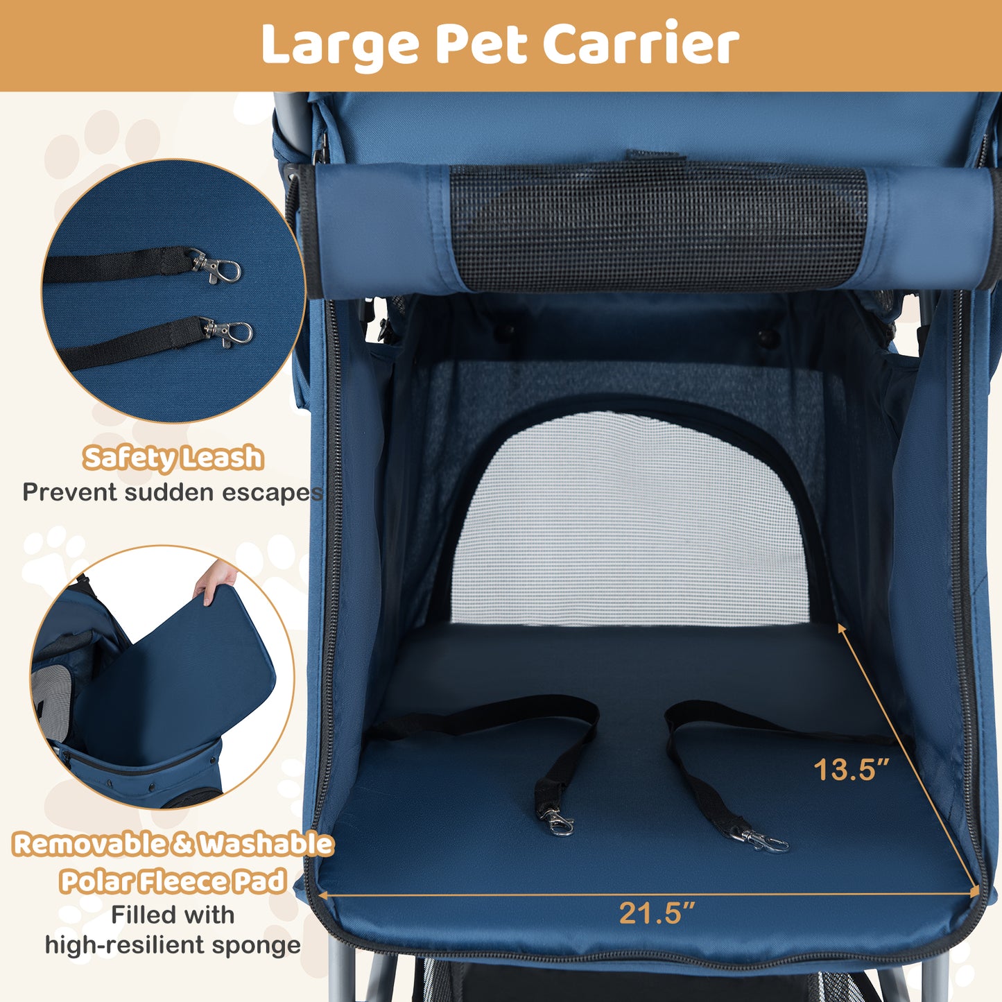 One-Click Folding Pet Stroller, Lightweight Cat Cart, Adjustable Canopy, Navy Dog Supplies at Gallery Canada