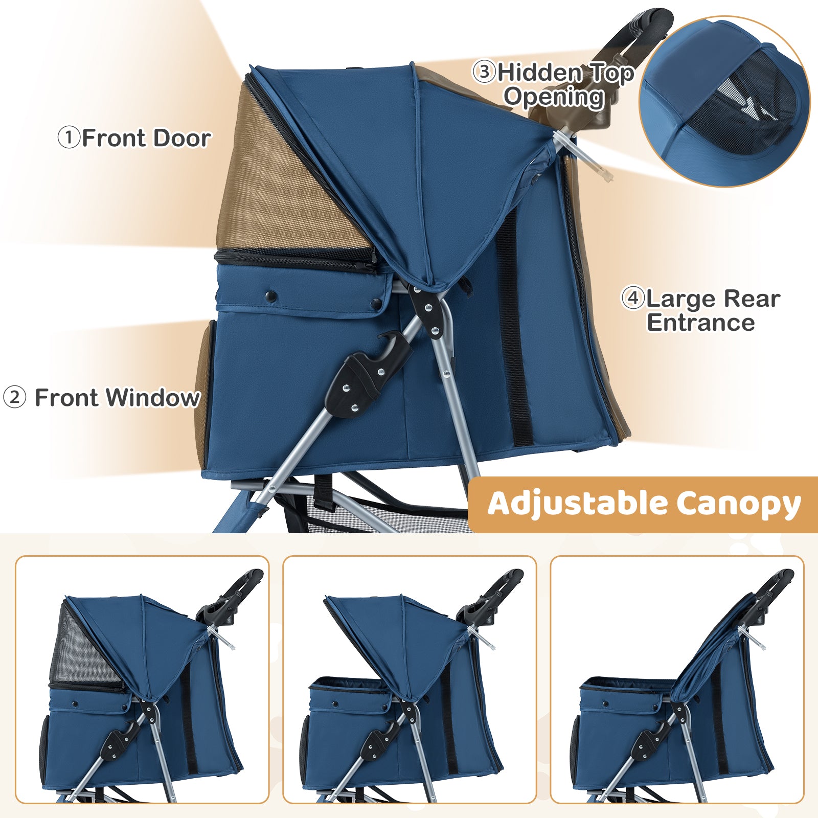 One-Click Folding Pet Stroller, Lightweight Cat Cart, Adjustable Canopy, Navy Dog Supplies at Gallery Canada