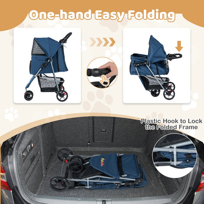 One-Click Folding Pet Stroller, Lightweight Cat Cart, Adjustable Canopy, Navy Dog Supplies at Gallery Canada