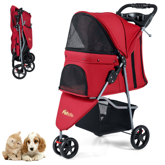 Folding Pet Stroller, Adjustable Canopy, Red Dog Supplies Red at Gallery Canada