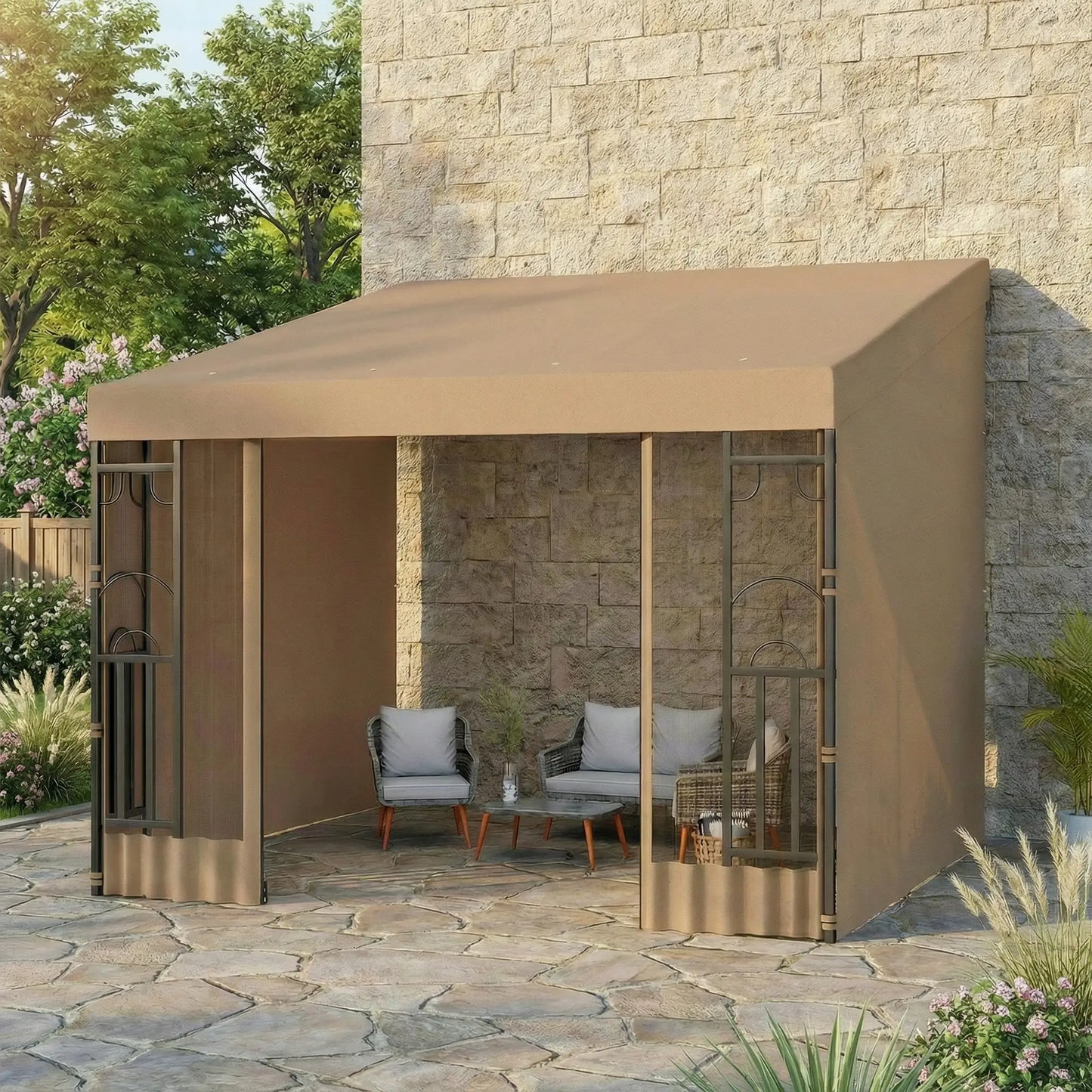 10' x 10' Wall Pergola, With Curtains and Nettings, Khaki Pergolas at Gallery Canada