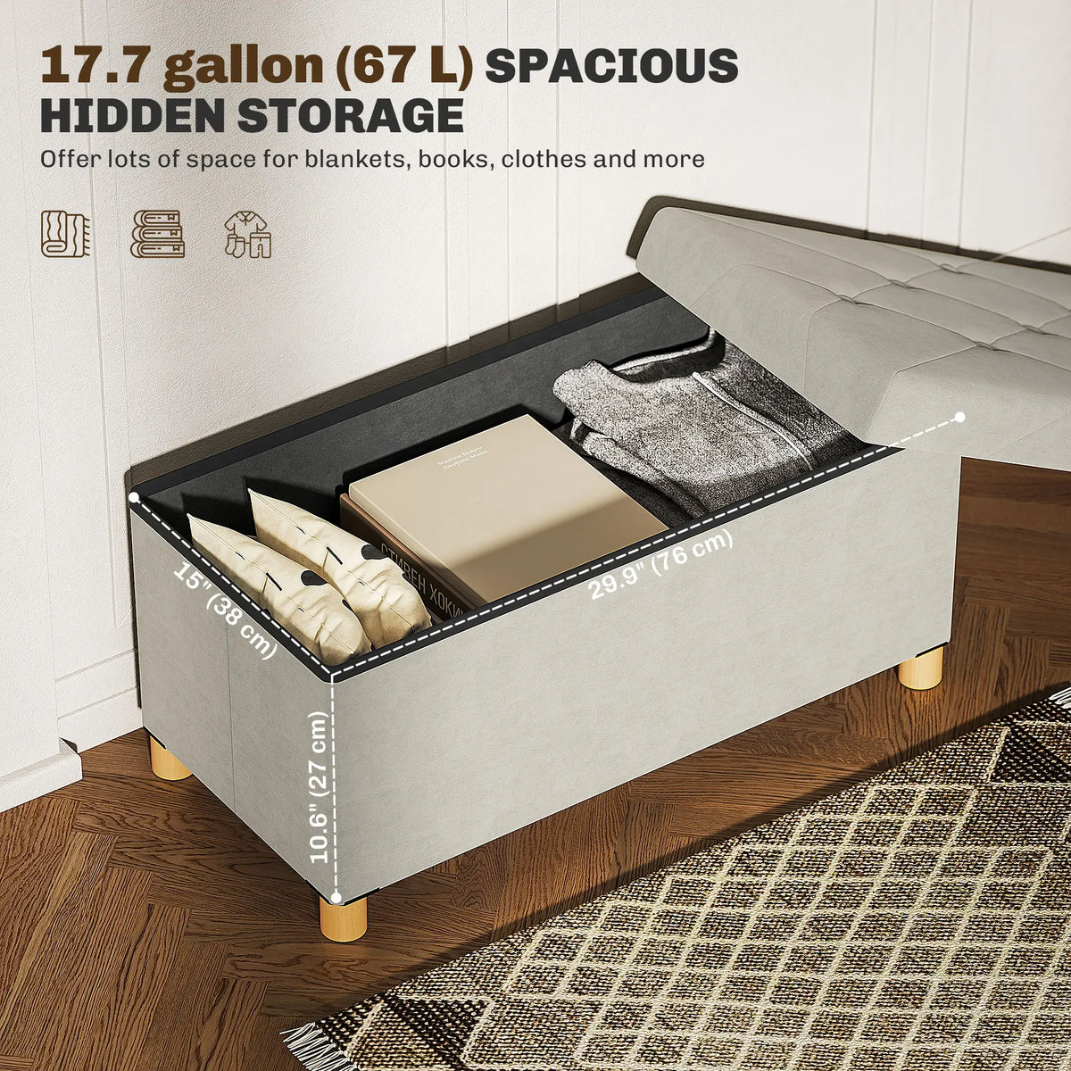 Velvet Upholstered Foldable Storage Ottoman Bench, Wood Legs Storage Ottomans & Benches at Gallery Canada