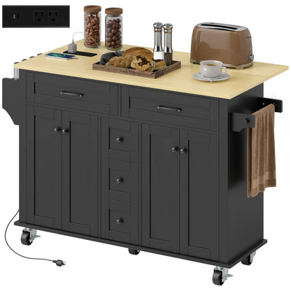 55" Kitchen Island Cart With Power Outlet, Drop Leaf, Storage, Black Kitchen Islands & Kitchen Carts at Gallery Canada