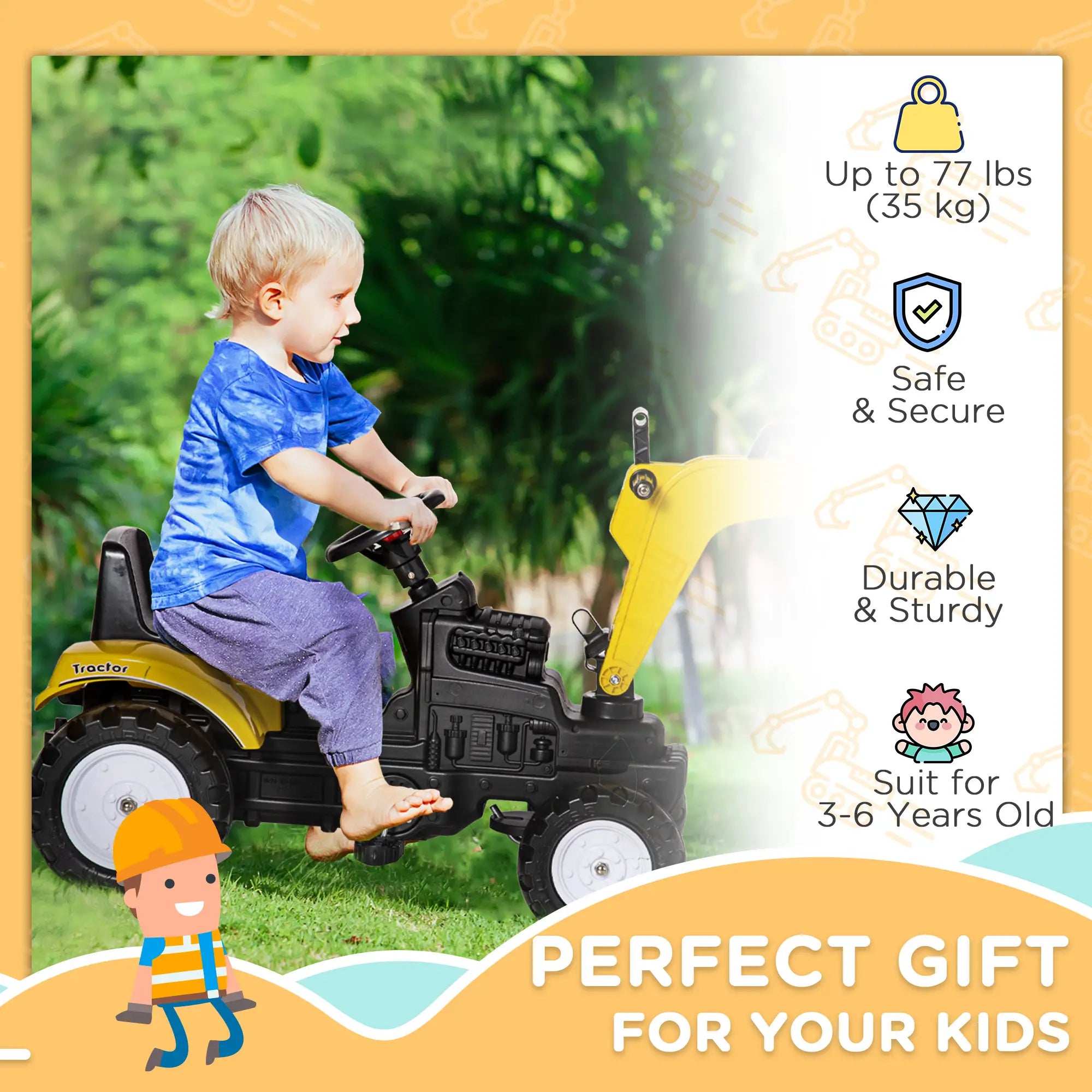 Kids Ride on Tractor, Pedal Excavator Toy for 3 Year Old, Yellow Toy Excavators at Gallery Canada