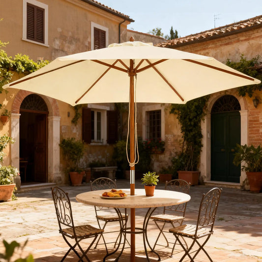 8FT Wood Market Umbrella, Round Garden Parasol, Bamboo Ribs, Cream White Sun Umbrellas Cream White, Teak at Gallery Canada