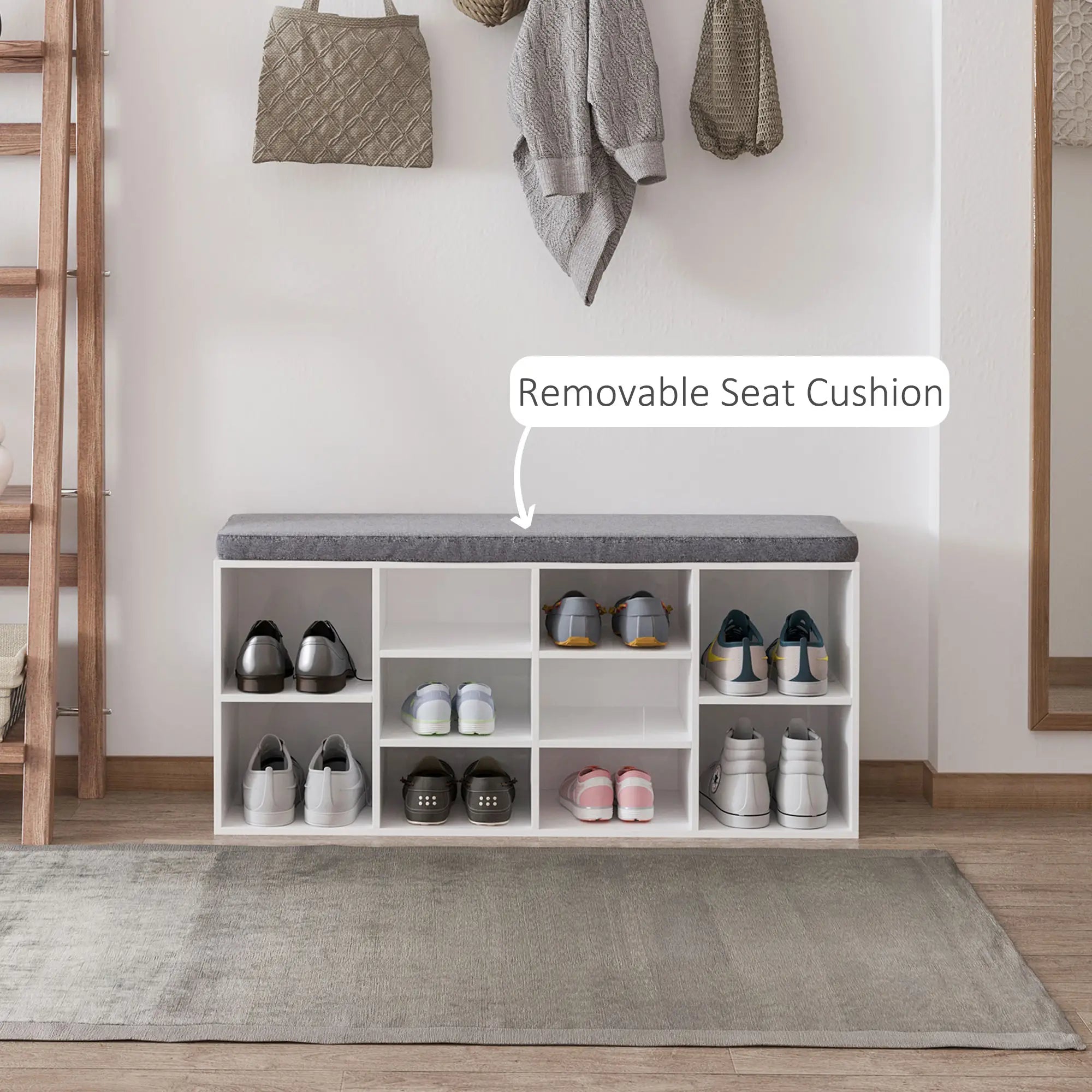 Shoe Bench with Storage, Upholstered Entryway Bench, Adjustable Shelves, White Shoe Storage Cabinets & Racks at Gallery Canada