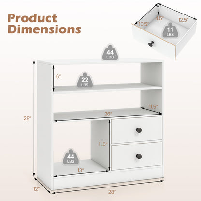 3-Compartment Open Storage Cabinet With 2 Drawers, White Console Tables at Gallery Canada