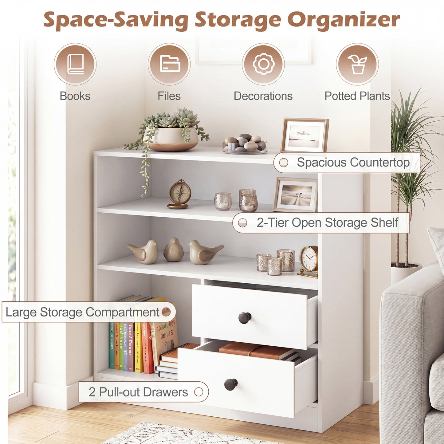 3-Compartment Open Storage Cabinet With 2 Drawers, White Console Tables at Gallery Canada