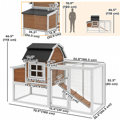 71" Chicken Coop For 3 Chickens, Wooden Hen House With Run, Removable Tray Chicken Coops at Gallery Canada