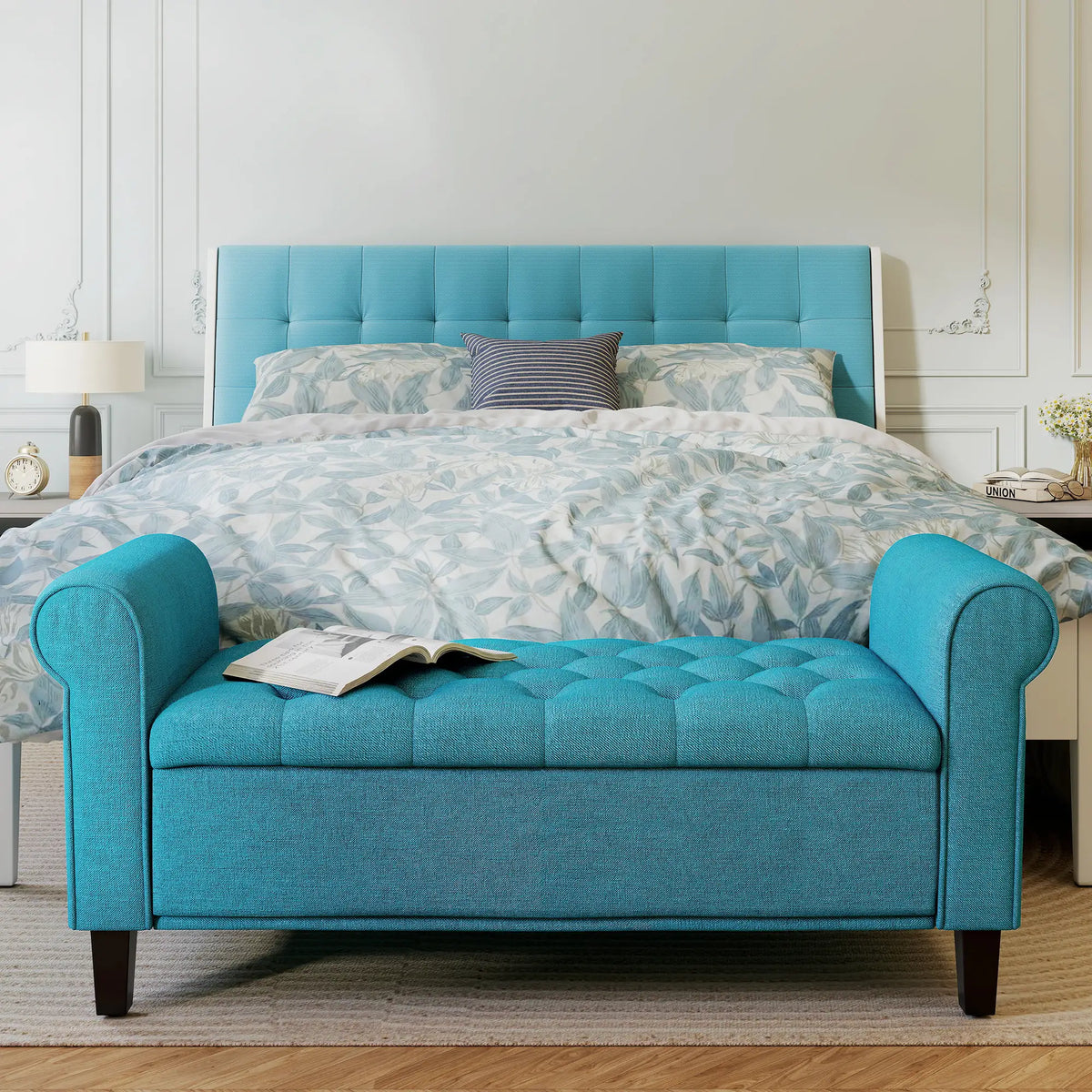50 Inches Upholstered Storage Ottoman, Rolled Arms, Button Tufted, Teal Storage Ottomans & Benches at Gallery Canada