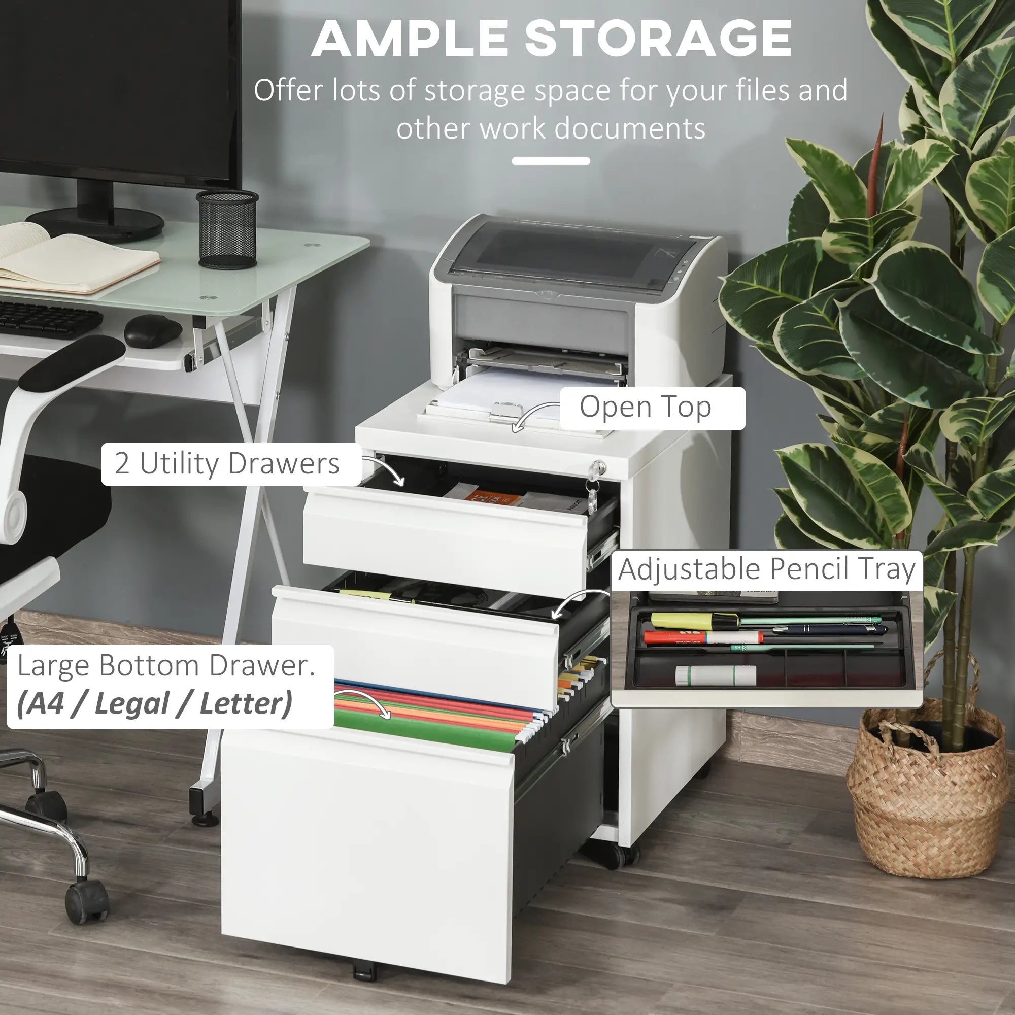 3 Drawer Lockable Filing Cabinet on Wheels, Legal Letter A4 Files, White Office Cabinets & Cupboards at Gallery Canada