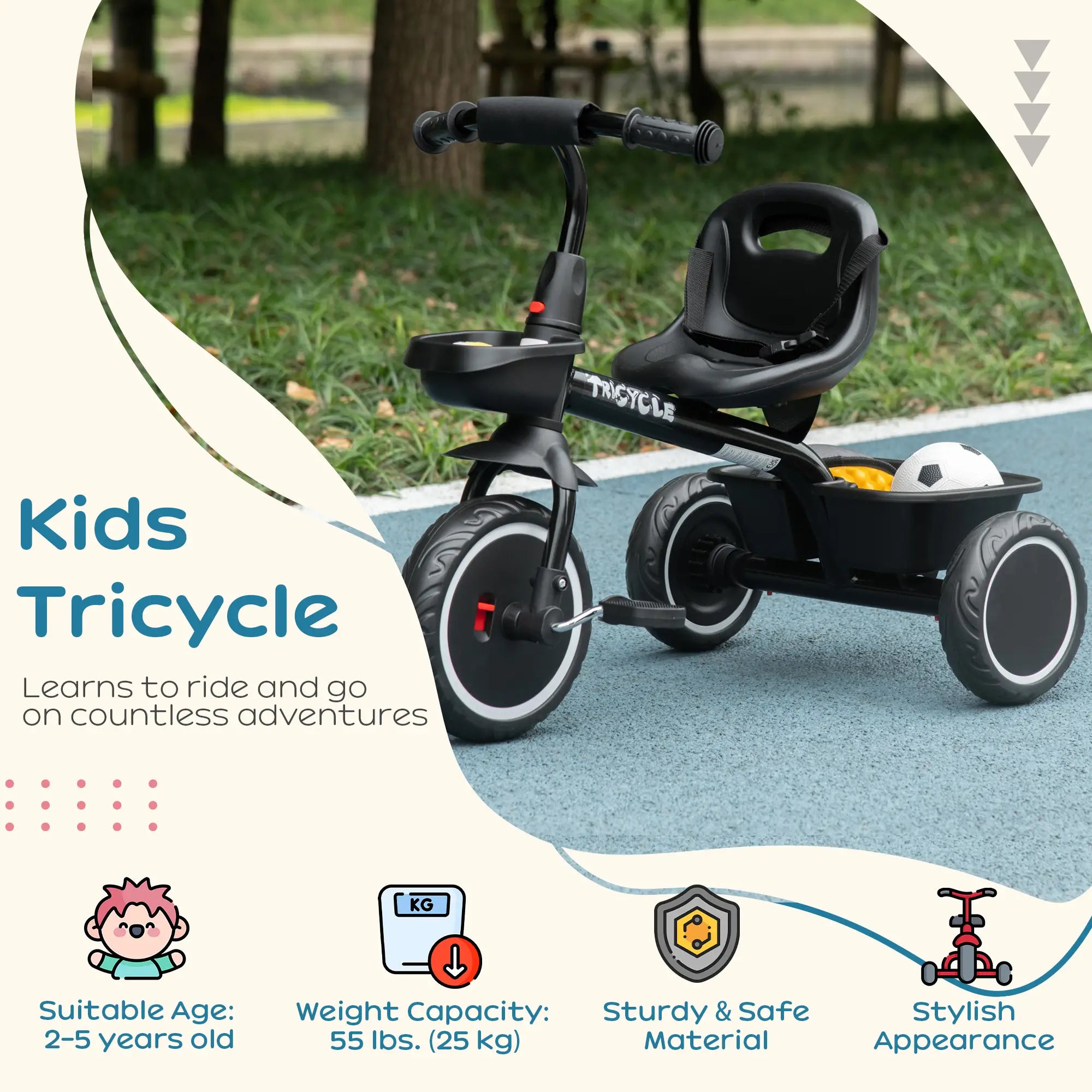 Tricycle for Toddlers 2-5 Years, Adjustable Seat, Black Tricycles for Kids at Gallery Canada