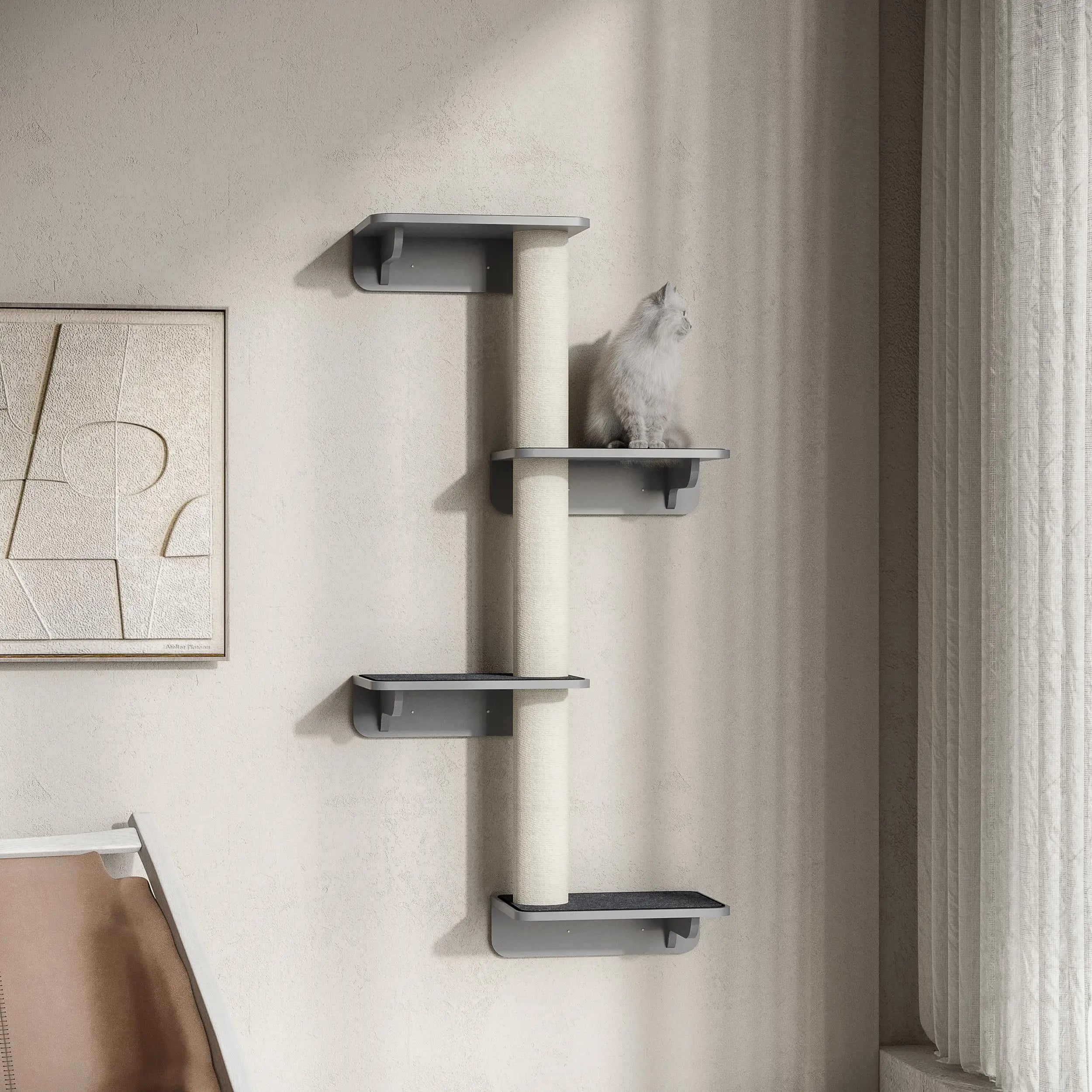 Wall-Mounted Cat Shelf, 4 Platforms, 3 Scratching Posts, Light Grey Cat Climbing Wall at Gallery Canada