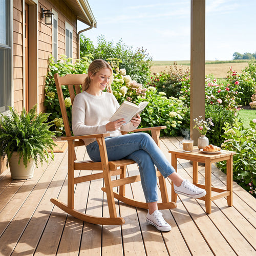 Outdoor Acacia Wood Rocking Chair with High Back and Armrests for Patio, Natural