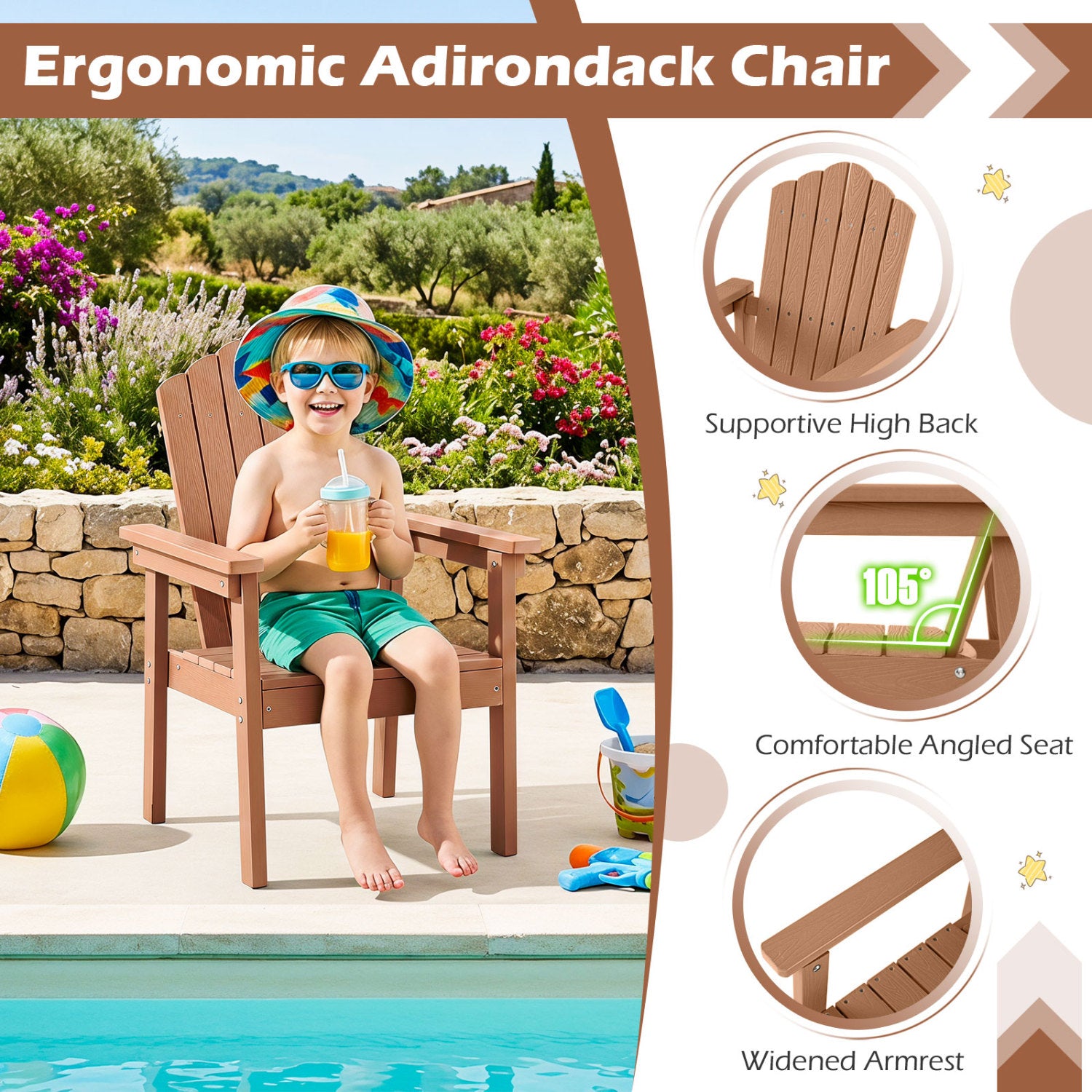 Outdoor Adirondack Chair, High Backrest, Wide Armrests, Brown Adirondack Chairs at Gallery Canada