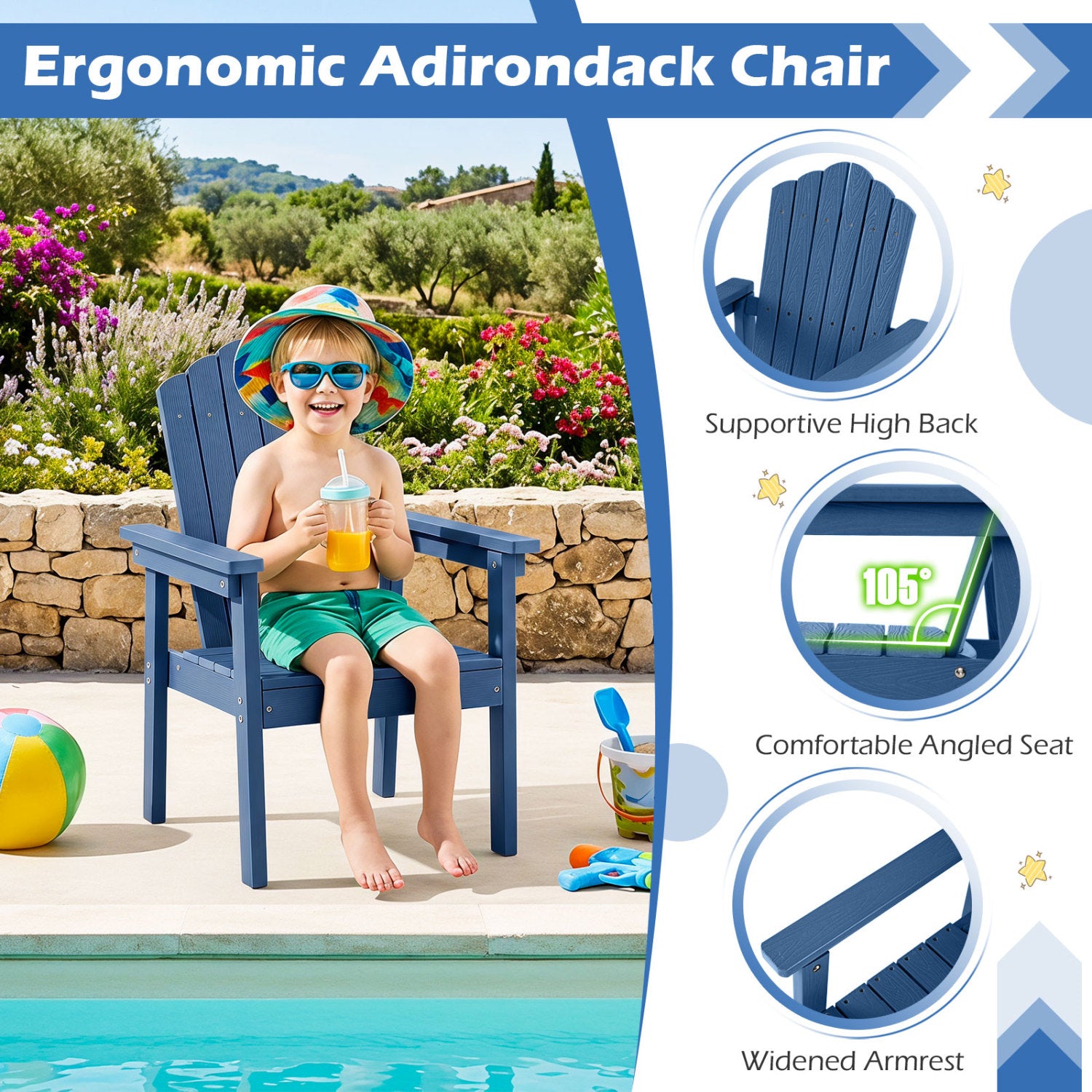 High Back Adirondack Chair, Wide Armrests, Navy Adirondack Chairs at Gallery Canada