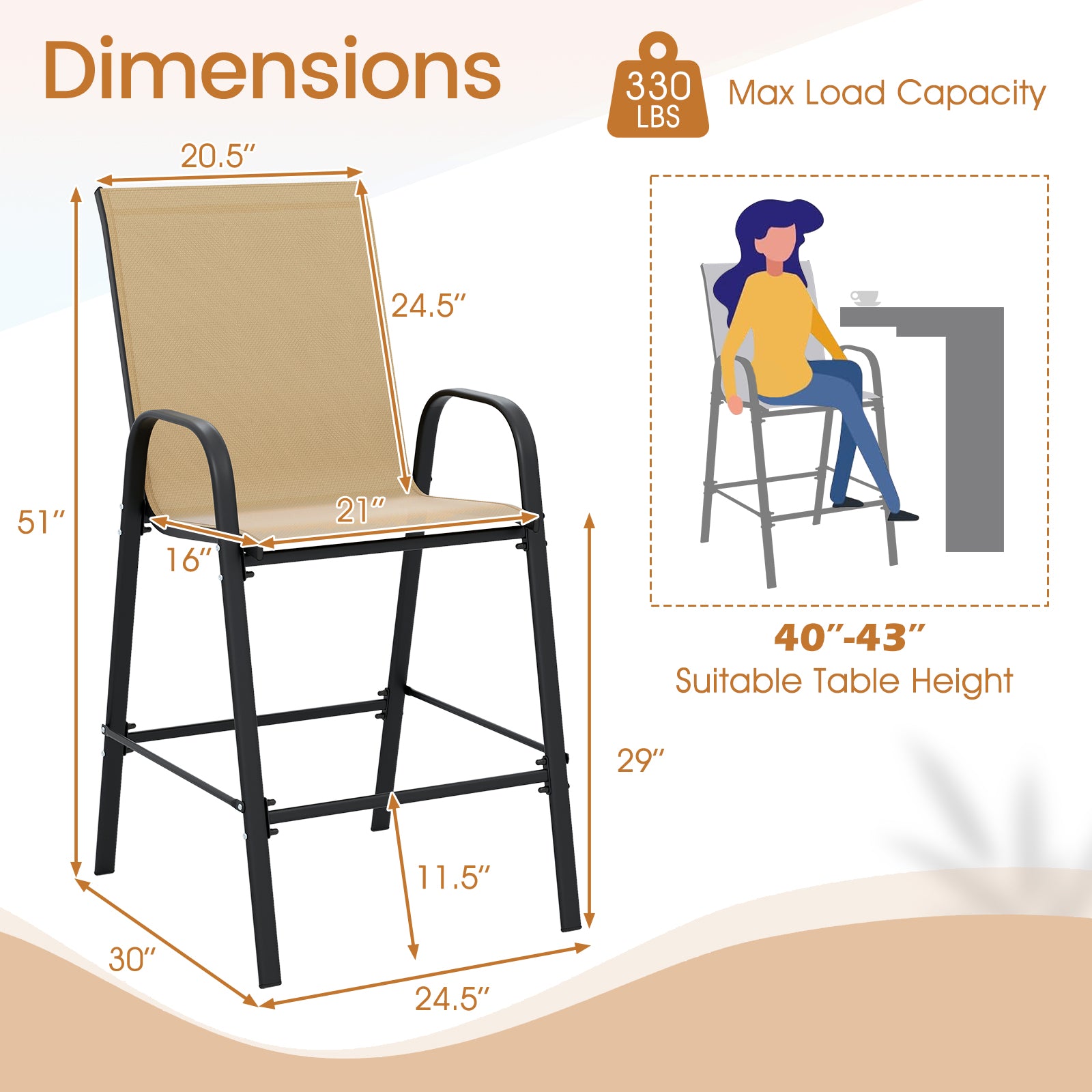 Outdoor Bar Stools, Set of 2, 29 Inch, Fabric with Armrests, Beige Patio Bar Furniture at Gallery Canada