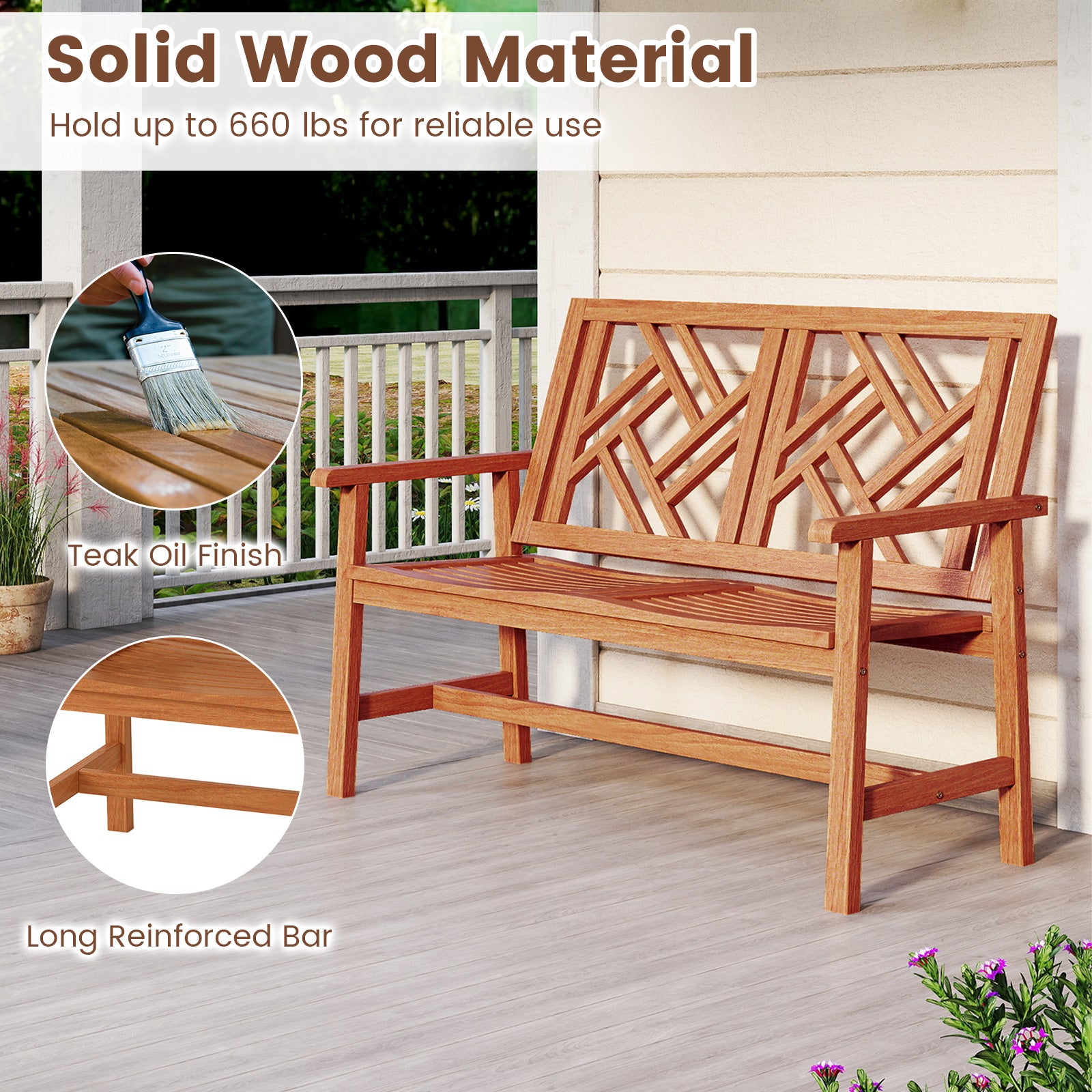 Outdoor Bench Wood 2-Person Patio Loveseat Chair with Geometric Backrest, Natural Outdoor Benches at Gallery Canada