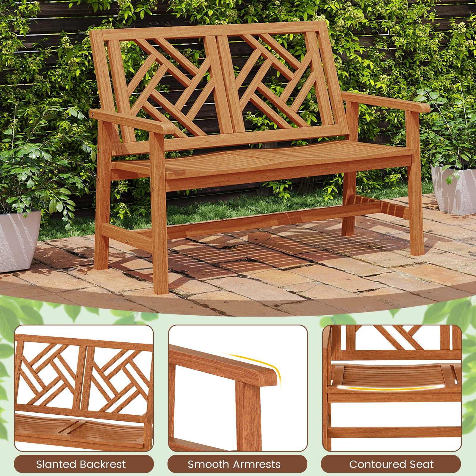 Outdoor Bench Wood 2-Person Patio Loveseat Chair with Geometric Backrest, Natural Outdoor Benches at Gallery Canada