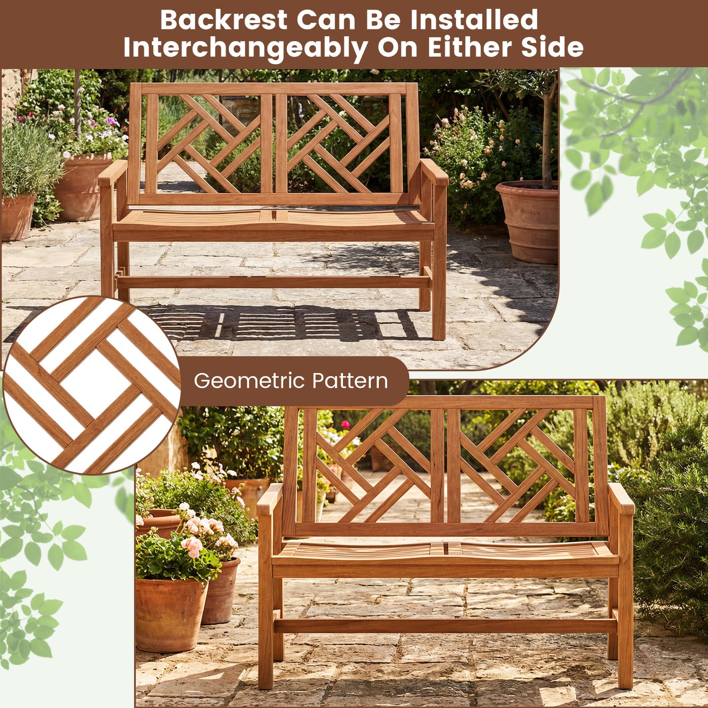 Outdoor Bench Wood 2-Person Patio Loveseat Chair with Geometric Backrest, Natural Outdoor Benches at Gallery Canada
