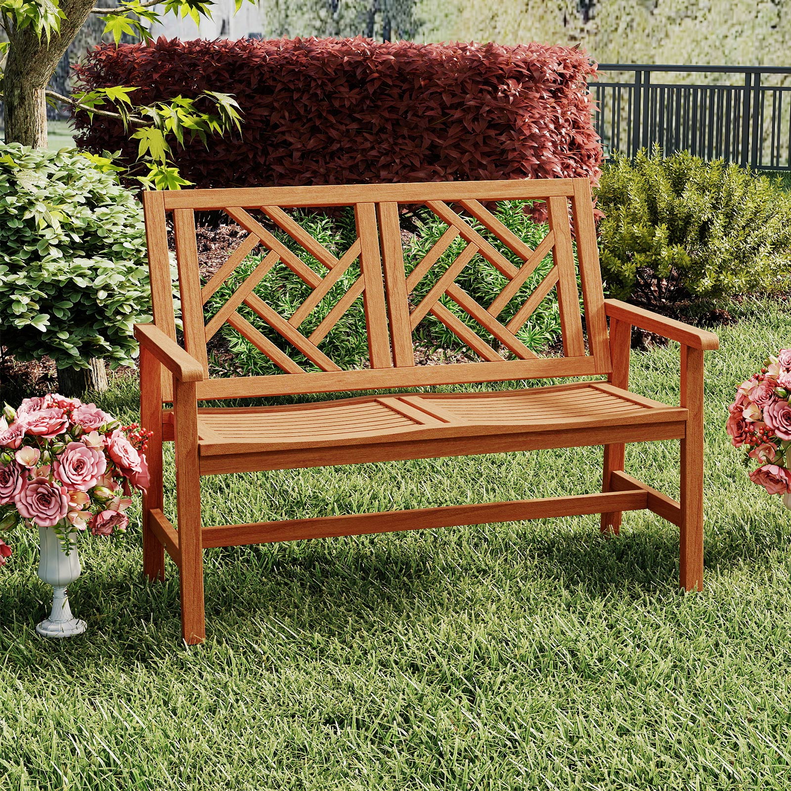 Outdoor Bench Wood 2-Person Patio Loveseat Chair with Geometric Backrest, Natural Outdoor Benches at Gallery Canada
