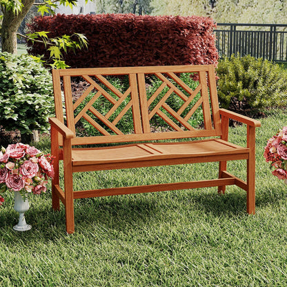 Outdoor Bench Wood 2-Person Patio Loveseat Chair with Geometric Backrest, Natural Outdoor Benches at Gallery Canada