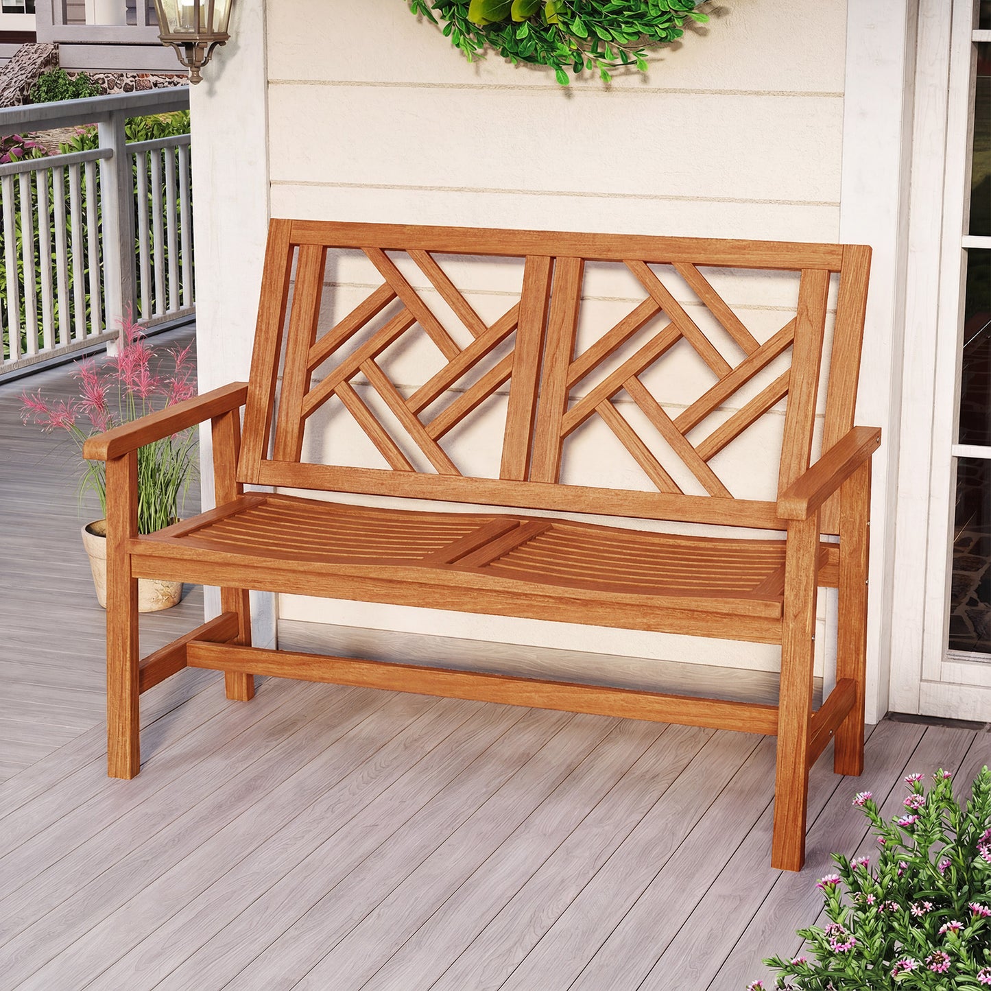 Outdoor Bench Wood 2-Person Patio Loveseat Chair with Geometric Backrest, Natural Outdoor Benches at Gallery Canada