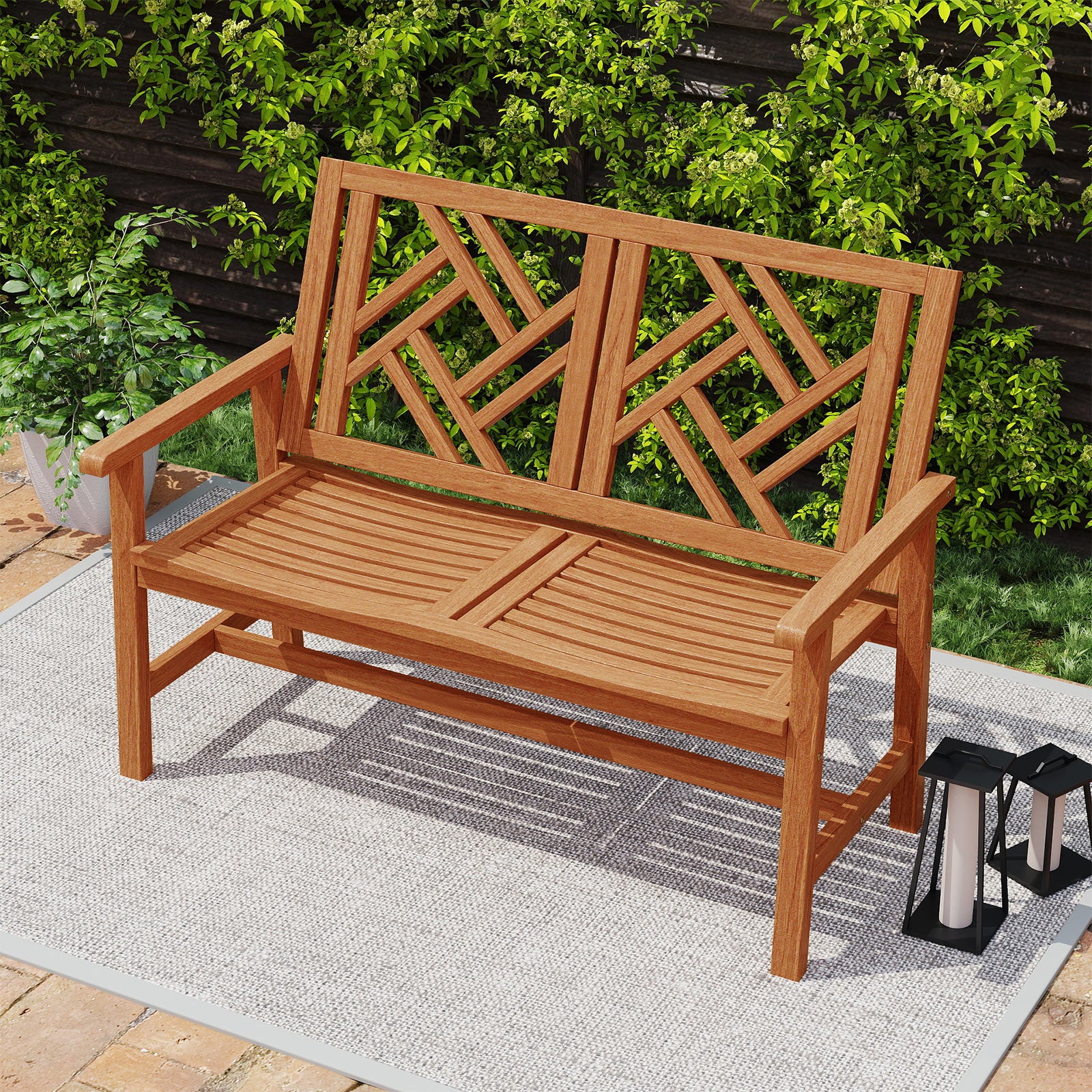Outdoor Bench Wood 2-Person Patio Loveseat Chair with Geometric Backrest, Natural Outdoor Benches at Gallery Canada