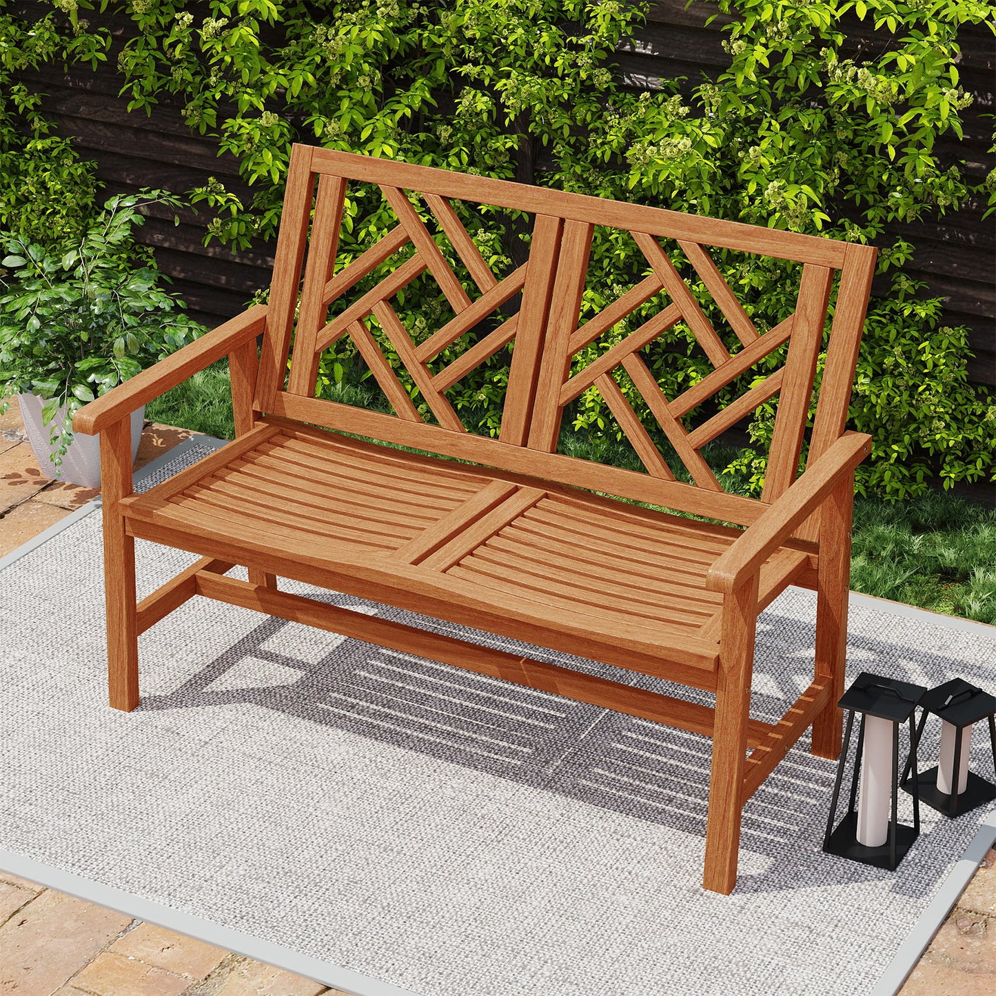 Outdoor Bench Wood 2-Person Patio Loveseat Chair with Geometric Backrest, Natural Outdoor Benches at Gallery Canada