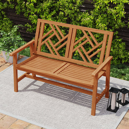 Outdoor Bench Wood 2-Person Patio Loveseat Chair with Geometric Backrest, Natural Outdoor Benches at Gallery Canada