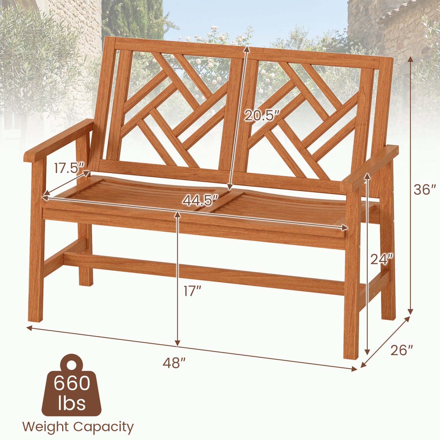 Outdoor Bench Wood 2-Person Patio Loveseat Chair with Geometric Backrest, Natural Outdoor Benches at Gallery Canada