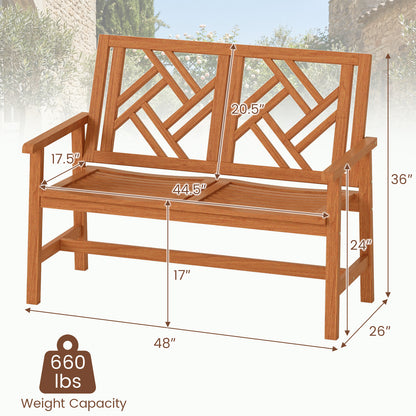 Outdoor Bench Wood 2-Person Patio Loveseat Chair with Geometric Backrest, Natural Outdoor Benches at Gallery Canada
