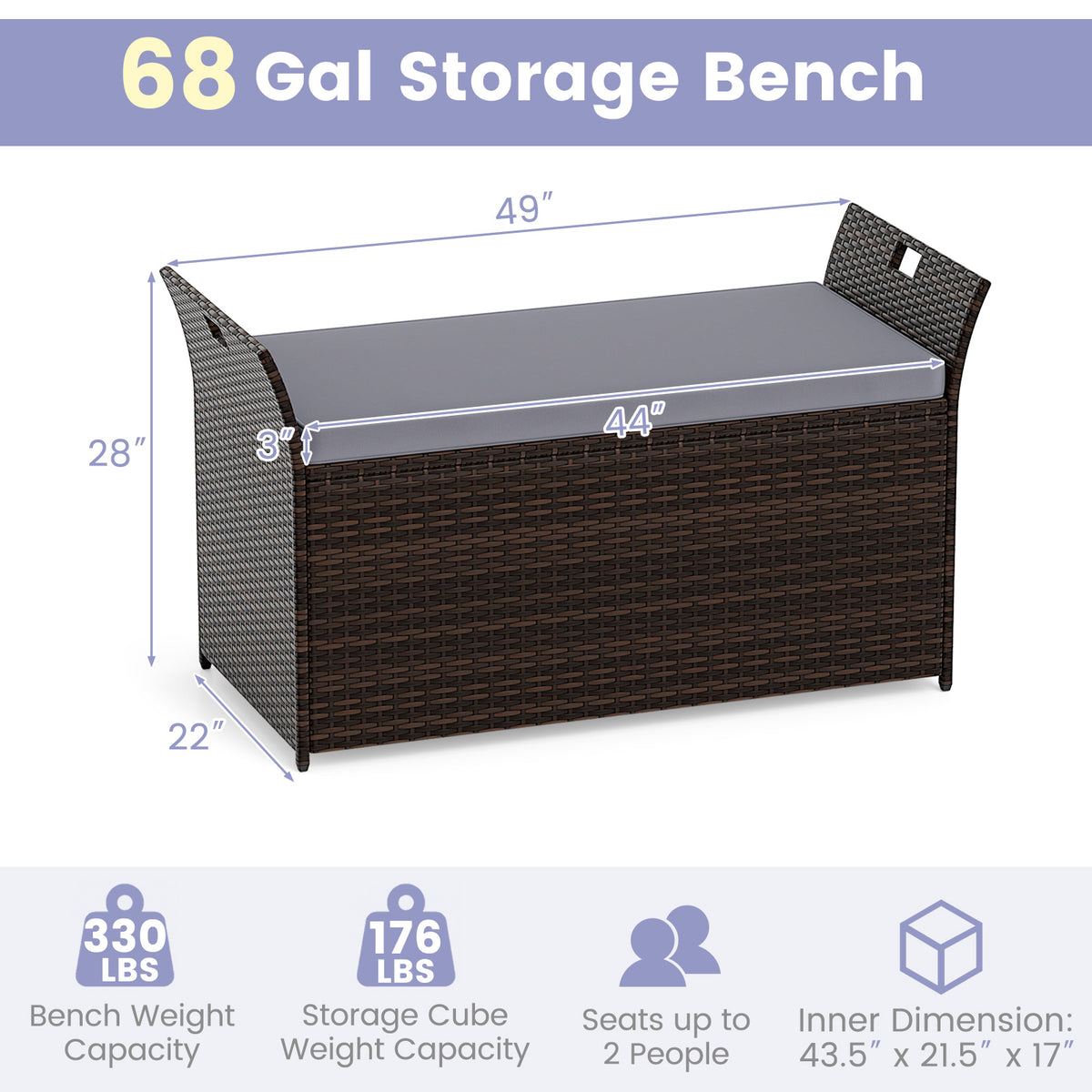 Outdoor Bench, Hand-Woven PE Rattan, Gray Outdoor Benches at Gallery Canada