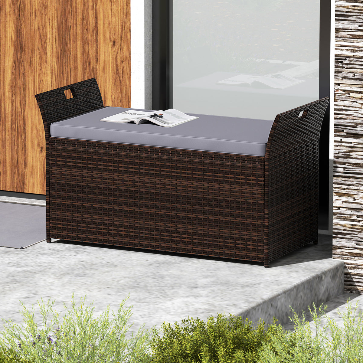Outdoor Bench, Hand-Woven PE Rattan, Gray Outdoor Benches at Gallery Canada