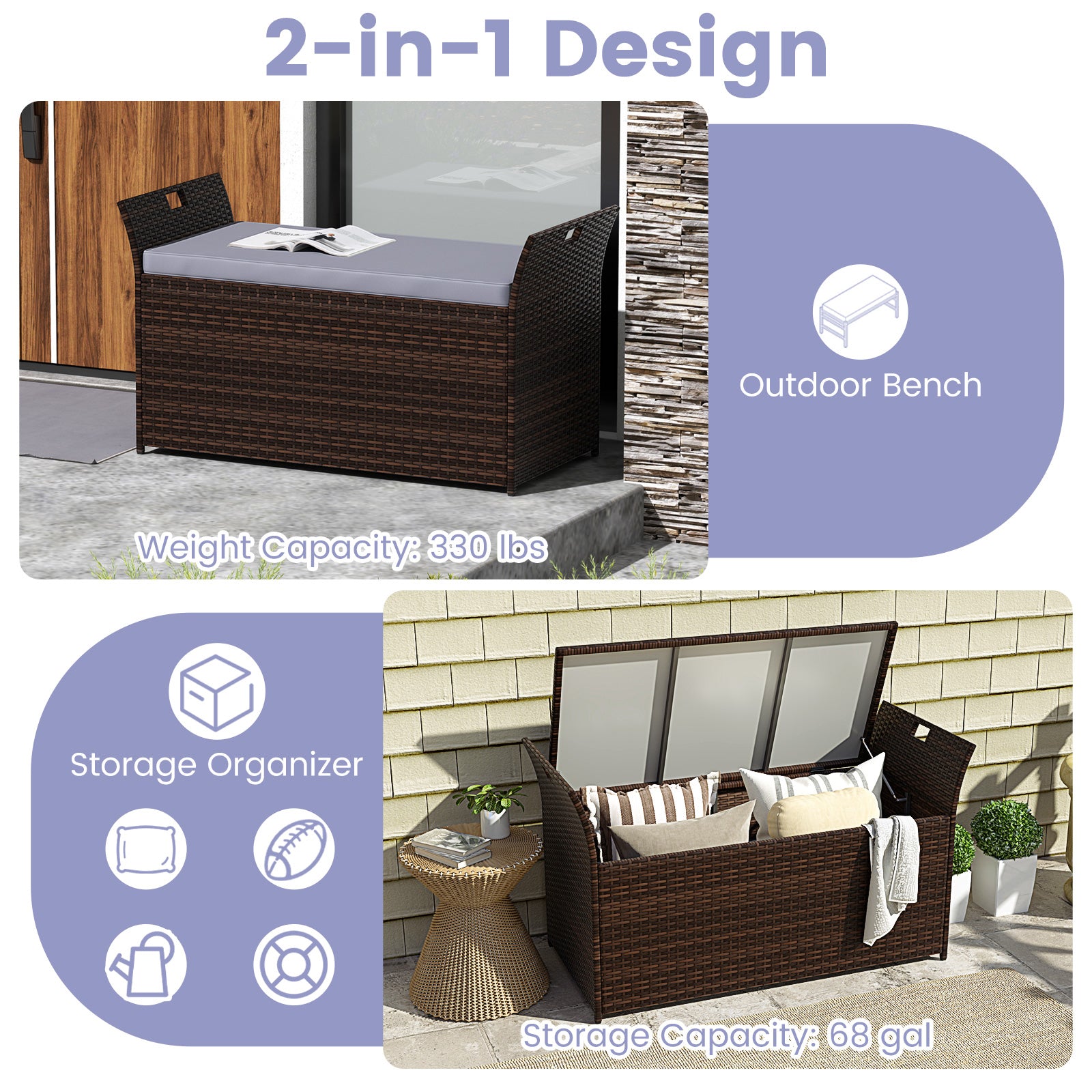 Outdoor Bench, Hand-Woven PE Rattan, Gray Outdoor Benches at Gallery Canada
