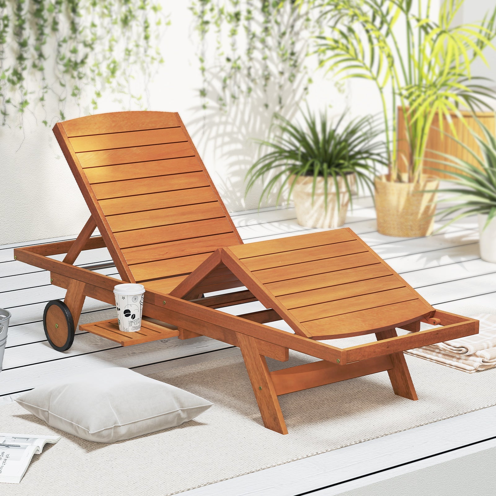 Outdoor Chaise Lounge Chair with Wheels 4-Position Patio Wood Recliner with Adjustable Backrest Outdoor Chaise Lounges at Gallery Canada