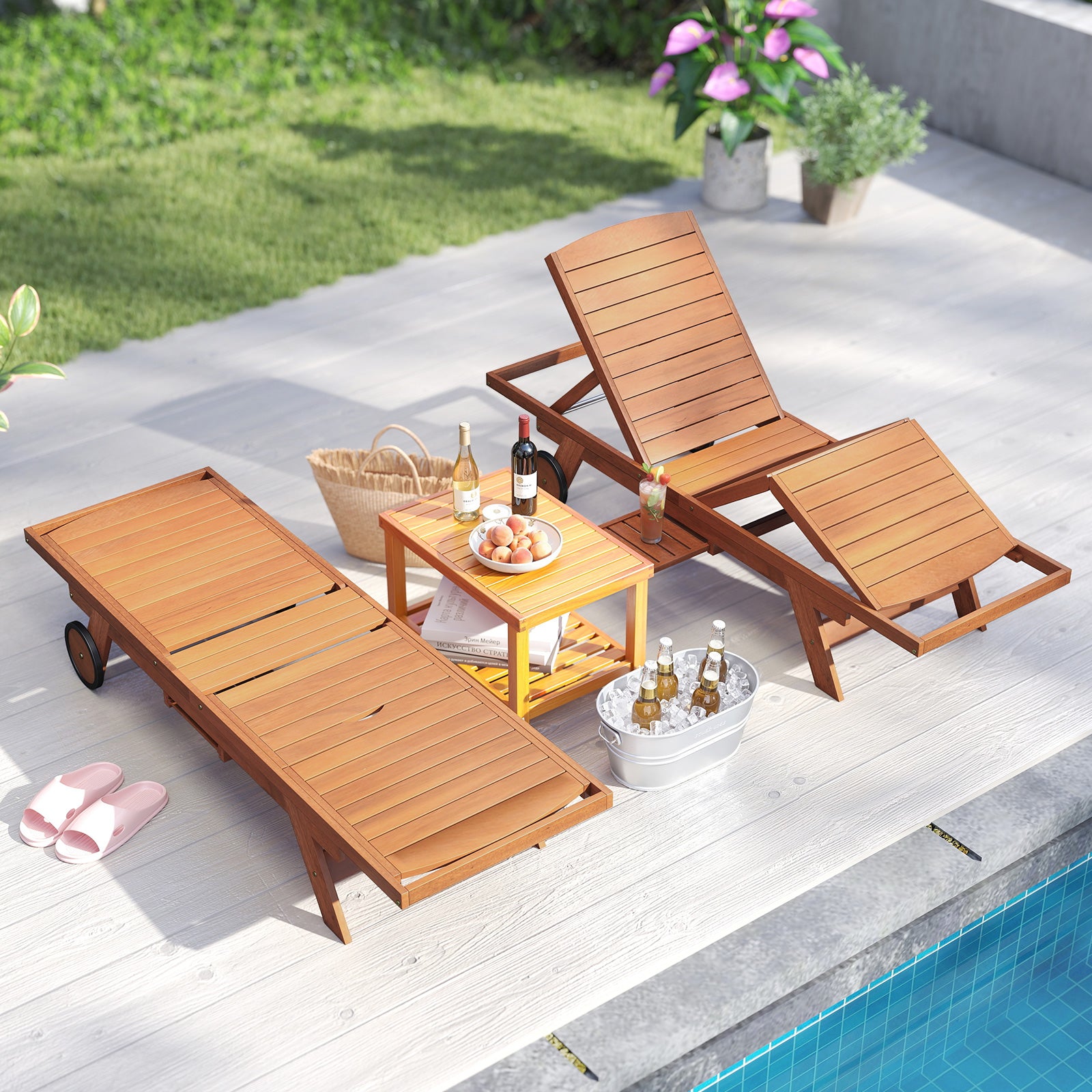 Outdoor Chaise Lounge Chair with Wheels 4-Position Patio Wood Recliner with Adjustable Backrest Outdoor Chaise Lounges at Gallery Canada