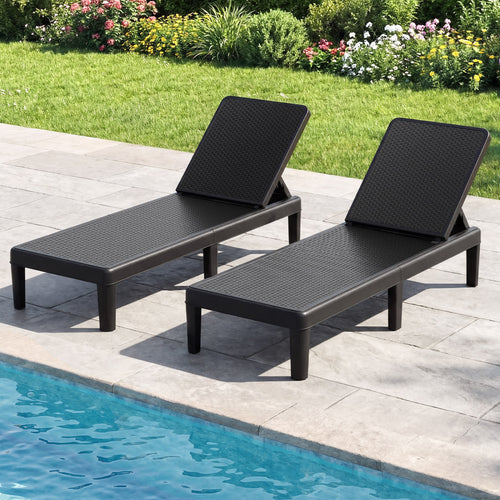 Outdoor Chaise Lounger Chair, Waterproof Rattan Textured PP, Set of 2, Black