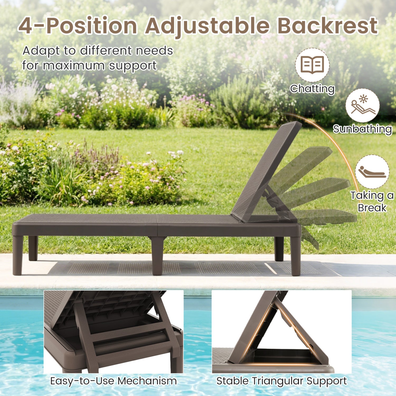 Outdoor Chaise Lounger Chair, 330 lbs Capacity, Brown Outdoor Chaise Lounges at Gallery Canada