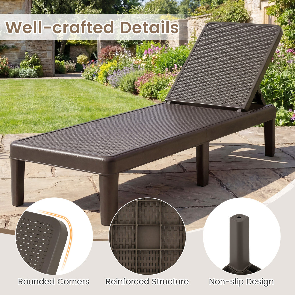 Outdoor Chaise Lounger Chair, 330 lbs Capacity, Brown Outdoor Chaise Lounges at Gallery Canada